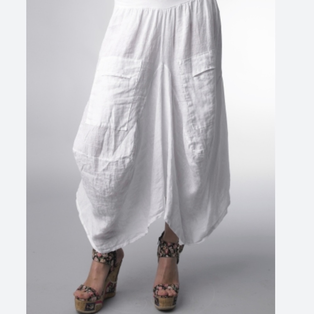 White Asymmetrical Balloon Cargo Skirt with Front Pockets.